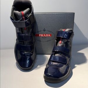 Prada Dark Blue High-Top Patent leather Sneakers with Red Detail